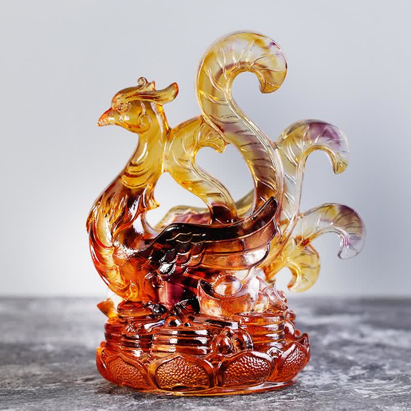 Vermilion Bird Liuli Art - phoenix with S-curve tail, amber tones, dynamic