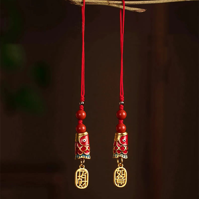 Koi Fish Cinnabar Ruyi Phone Charm – hanging phone charm showing full length, cinnabar koi and ruyi tassel set