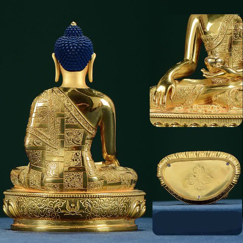Shakyamuni Enlightenment Copper Statue – back view ushnisha flame and robe drape, copper antique patina