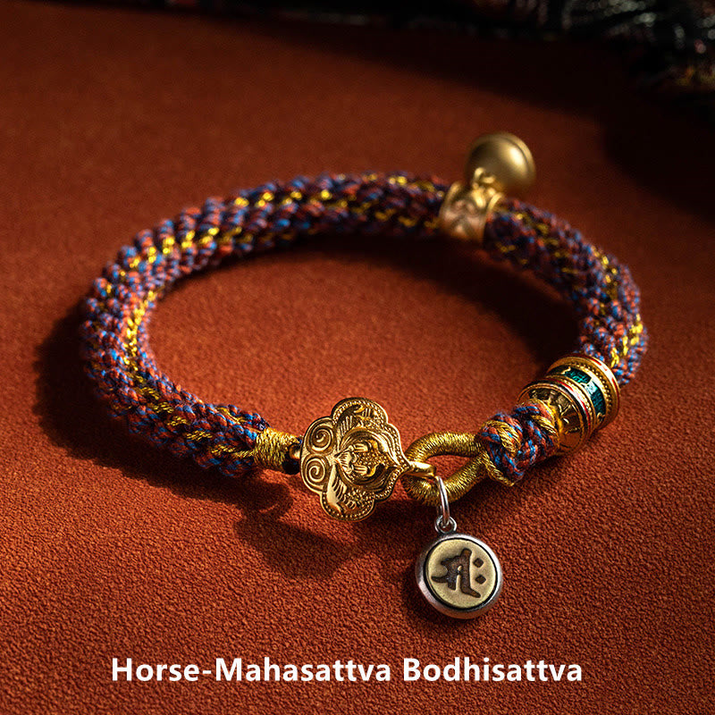 Om Mani Padme Hum Braided Bracelet – Horse zodiac variant with ornate gold floral clasp and bodhisattva medallion