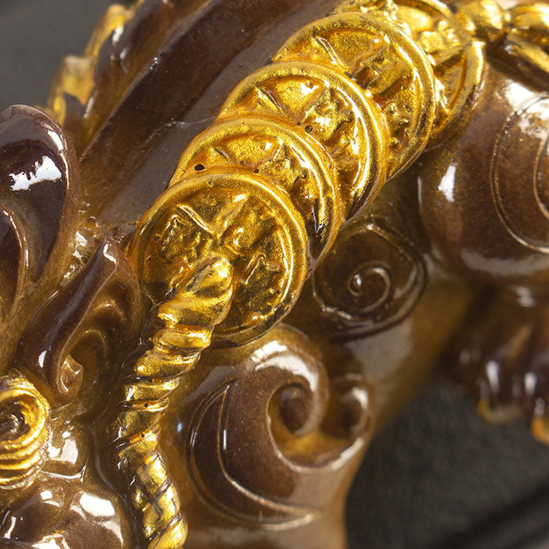 PiXiu Coin Tea Pet – Close-up of gold coin string on dark brown PiXiu back, prosperity detail