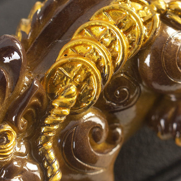 PiXiu Coin Tea Pet – Close-up of gold coin string on dark brown PiXiu back, prosperity detail
