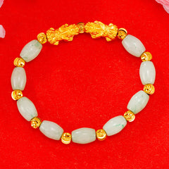 Golden Double PiXiu Bracelet – White jade barrel beads with gold double PiXiu on red, harmony protection