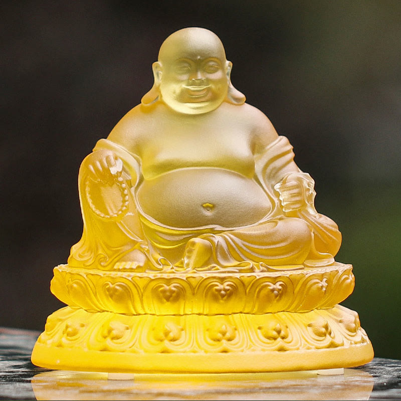 Liuli Crystal Laughing Buddha Figurine – Rich caramel and gold swirl pattern, luxury home accent
