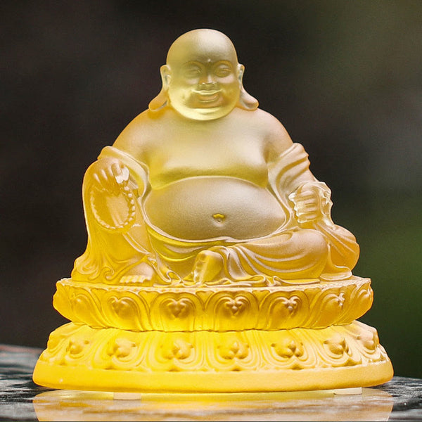 Liuli Crystal Laughing Buddha Figurine – Rich caramel and gold swirl pattern, luxury home accent