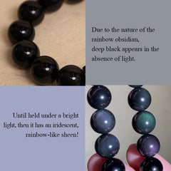 Rainbow Obsidian PiXiu Pendant – Split image showing obsidian bead and iridescent rainbow sheen