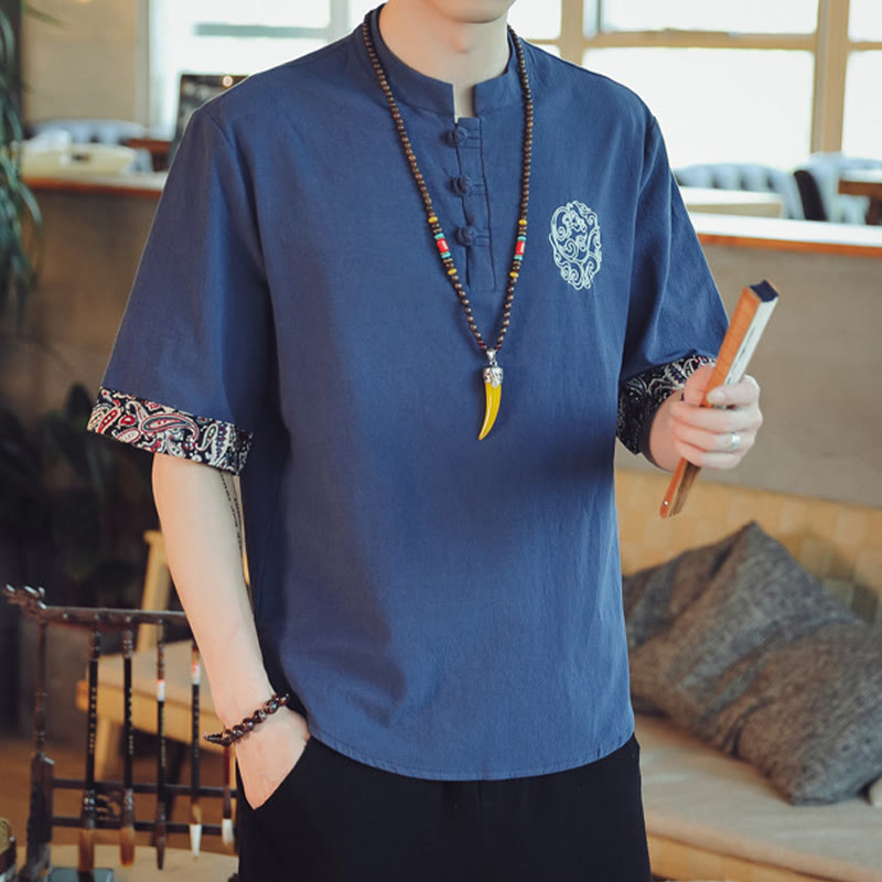 Dragon Embroidery Frog-Button Linen Tang Suit Shirt - Navy in cafe with natural light, versatile