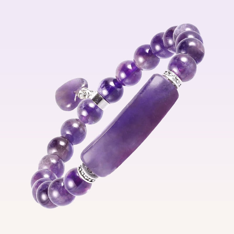Natural Multi-Stone Love Heart Healing Bracelet - Amethyst stone bracelet close-up showing purple round beads, rectangular bar focal stone, and dangling heart pendant