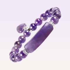 Natural Multi-Stone Love Heart Healing Bracelet - Amethyst stone bracelet close-up showing purple round beads, rectangular bar focal stone, and dangling heart pendant