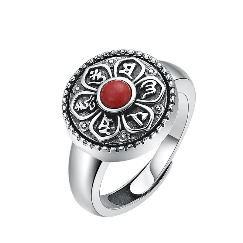 Tibetan Om Mani Padme Hum Ring – Red stone white background 3/4 view, copper ring