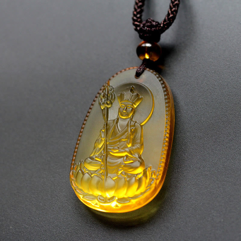 Ksitigarbha Buddha Liuli Crystal Necklace - Green crystal amulet seated Ksitigarbha, Buddhist protection