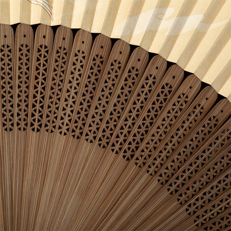 Lotus Dragonfly Wild Geese Silk Bamboo Folding Fan - detail shot of carved lattice ribs with cloud motif on paper edge