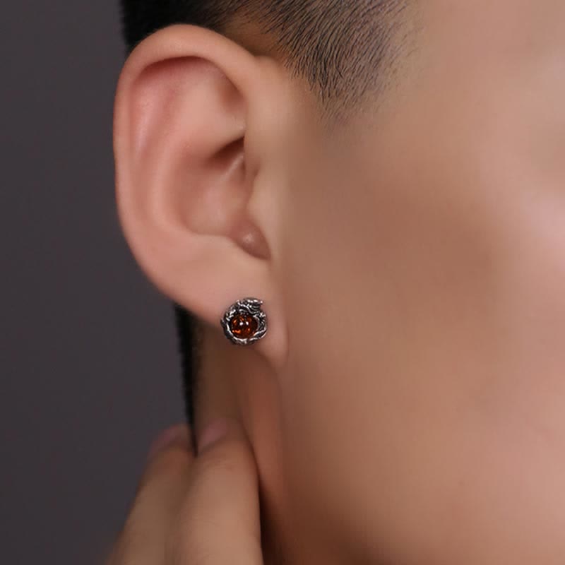 Sterling Silver Amber Dragon Earring – faceted red stone in textured dragon-scale setting, Mens jewelry