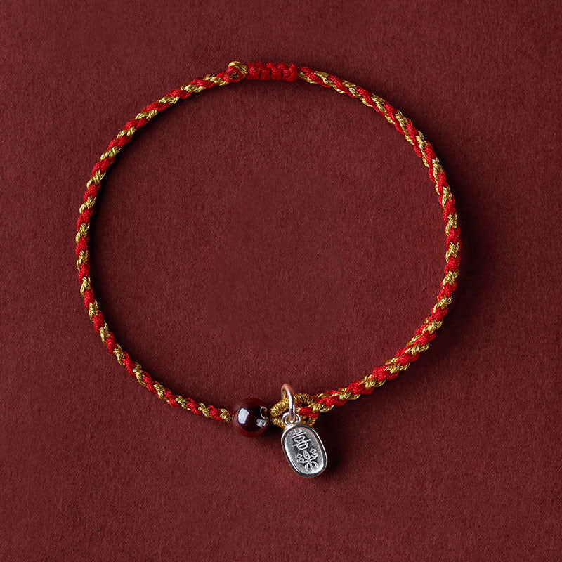 Red Gold Rope Lotus Braid Bracelet - happiness engraved charm with garnet bead, cord jewelry