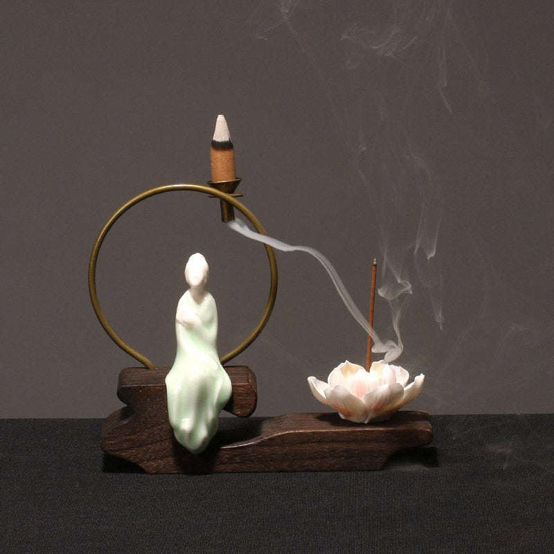 Ceramic Lotus Incense Burner – celadon sage, lotus stick, flowing robes, meditate