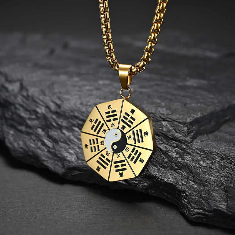 Bagua Yin Yang Titanium Steel Pendant - Gold octagonal Bagua disc with yin-yang center, gold bagua necklace