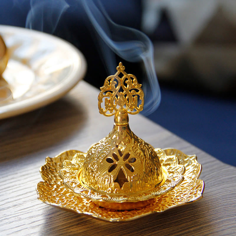 Gold Leaf Coaster Incense Burner with arabesque patterns and smoke, lotus base, alloy incense holder