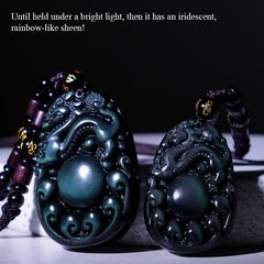 Tibetan Rainbow Obsidian PiXiu Necklace – two PiXiu pendants side by side showing light and dark obsidian shades, feng shui good luck