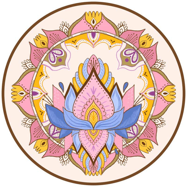 Tibetan Lotus Mandala Yoga Mat rolled edge close-up, teal geometric pattern with cushioned thickness, non-slip exercise mat