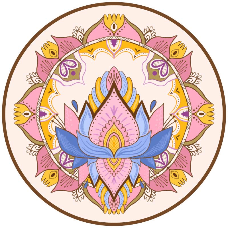 Tibetan Lotus Mandala Yoga Mat rolled edge close-up, teal geometric pattern with cushioned thickness, non-slip exercise mat