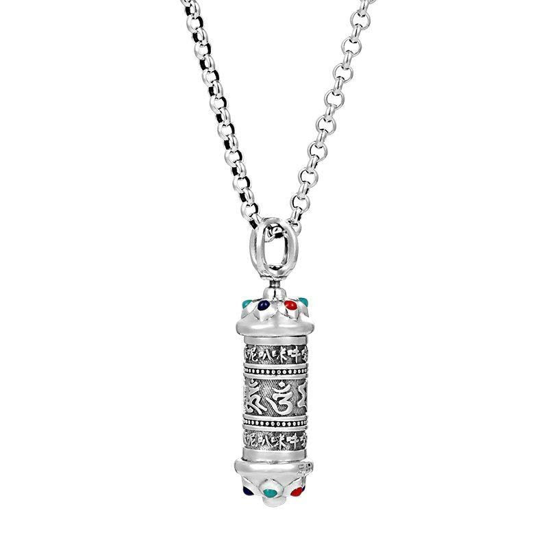 Om Mani Padme Hum Silver Necklace - Front view on white, silver prayer wheel with Sanskrit engraving