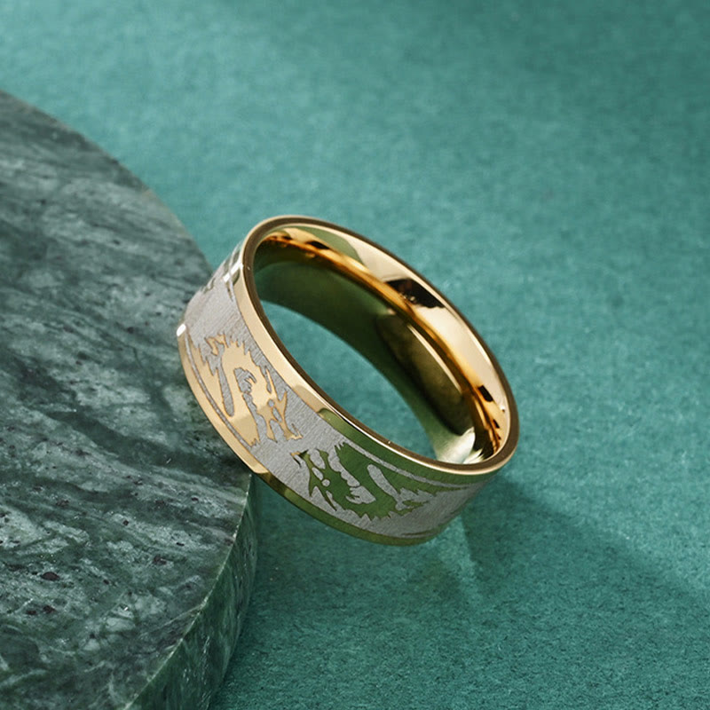 Dragon Titanium Steel Ring – Gold band on dark slate showing etched pattern, Masculine