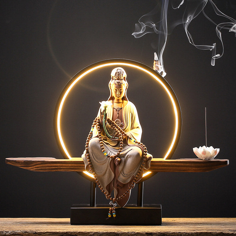 Buddha Avalokitesvara Ceramic Lotus Relaxation Incense Burner – Ceramic Guanyin lotus incense holder, zen aromatherapy gift