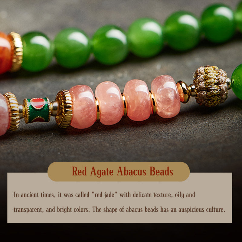 108 Mala Beads Jade Agate Bracelet – Red agate warmth against cool cyan jade, color contrast art