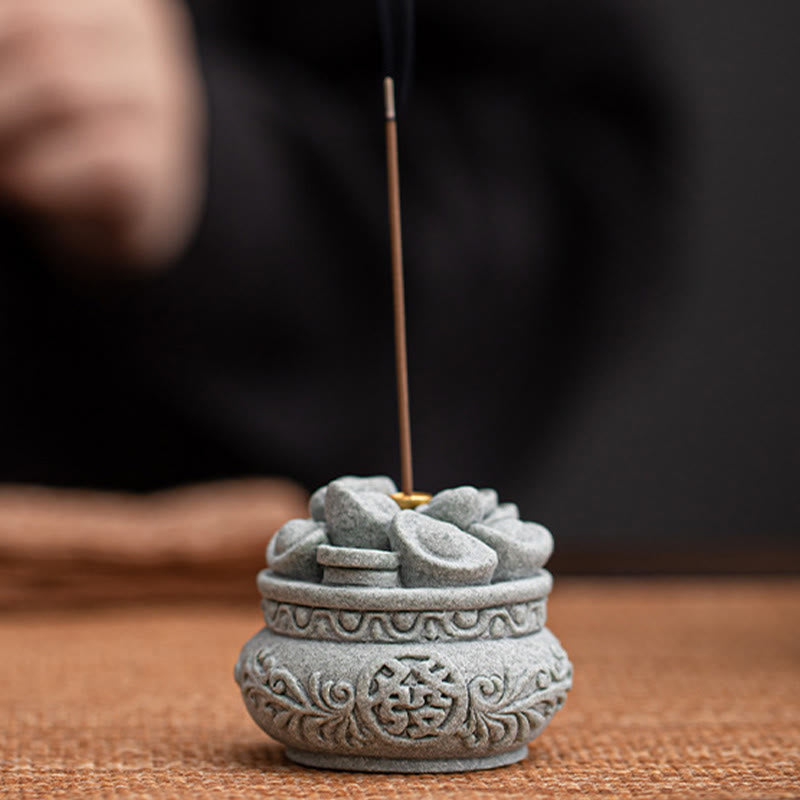 Fu Character Sandstone Incense Burner – burning incense on woven mat with smoke, sandstone incense holder