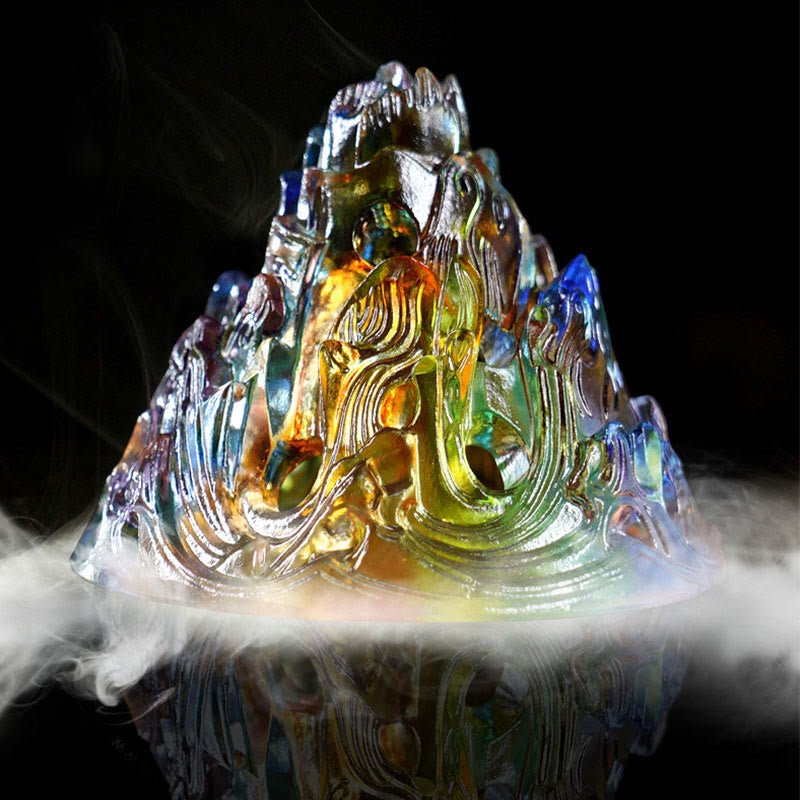 Crystal Mountain Incense Burner – rainbow glass with water carvings and smoke, liuli backflow burner