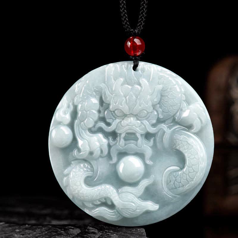 Chinese Zodiac Dragon Jade Amulet Necklace - coiled dragon with flaming pearl on pale green jade, success
