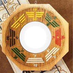Peach Wood Bagua Mirror - color-coded bagua trigram symbols on natural wood, feng shui craftsmanship
