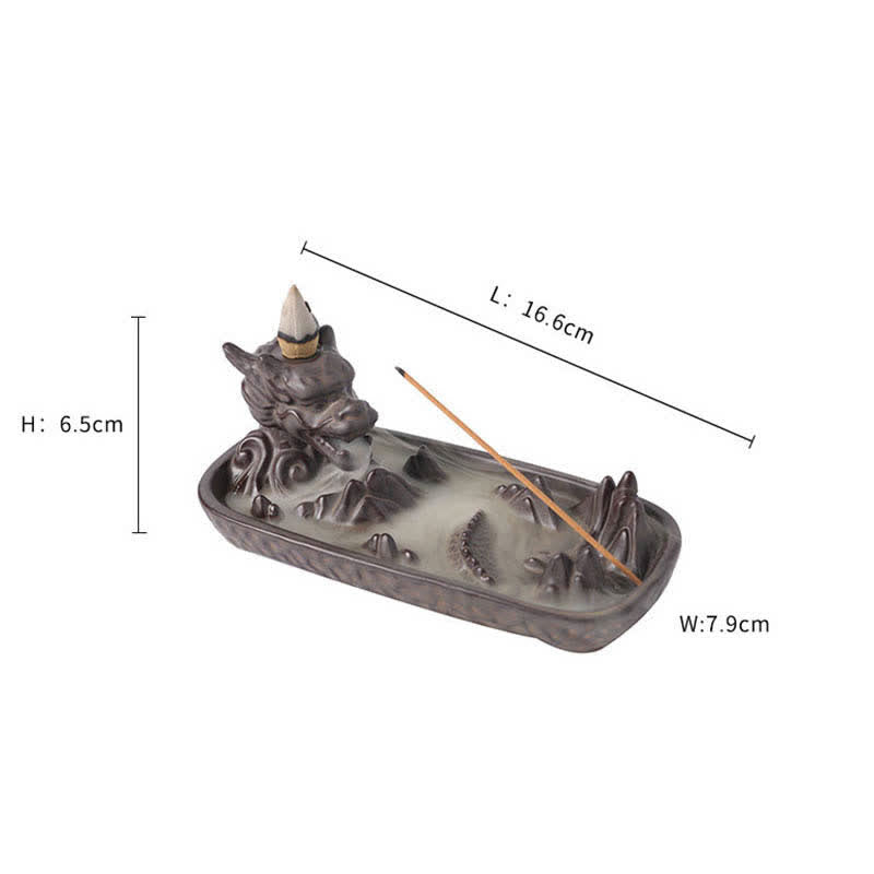 Black Ceramic Dragon Burner - glossy black glaze smoke on dark wood, sleek, zen
