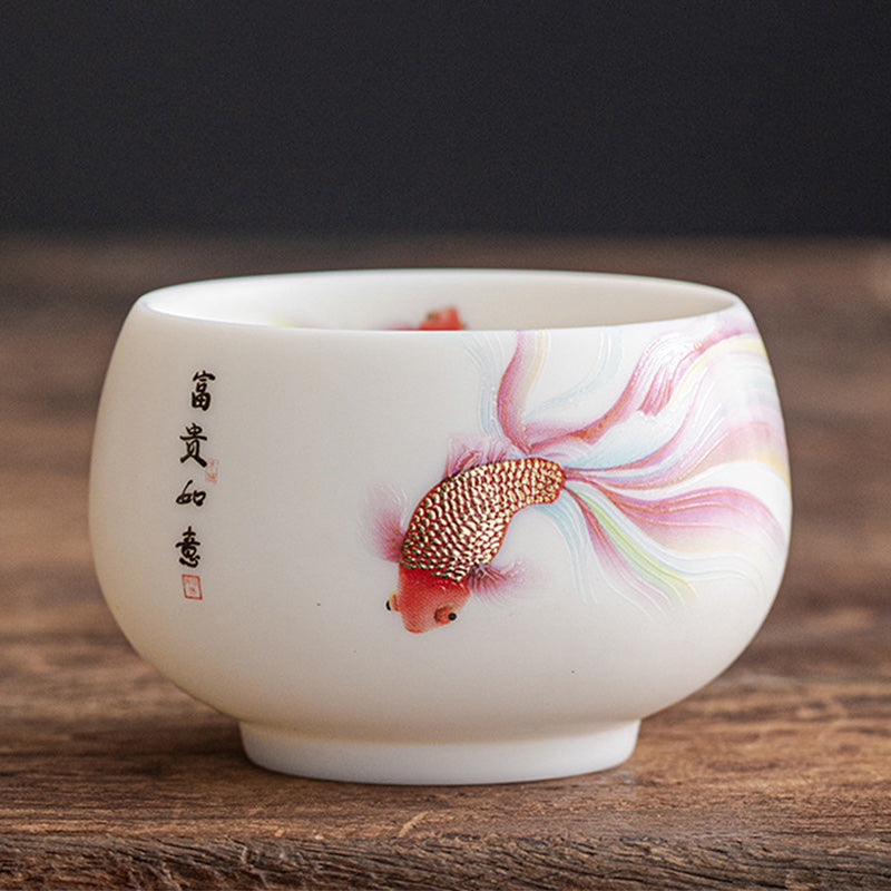 Koi Fish Ceramic Tea Cup - top-down view revealing interior glaze and koi motif, gaiwan