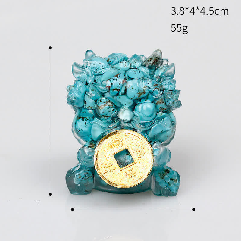 Handmade PiXiu Crystal – Turquoise with size chart on white, home decoration