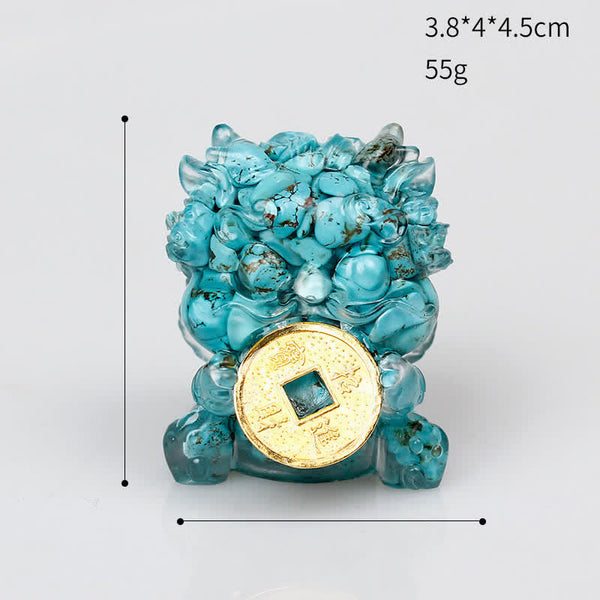 Handmade PiXiu Crystal – Turquoise with size chart on white, home decoration