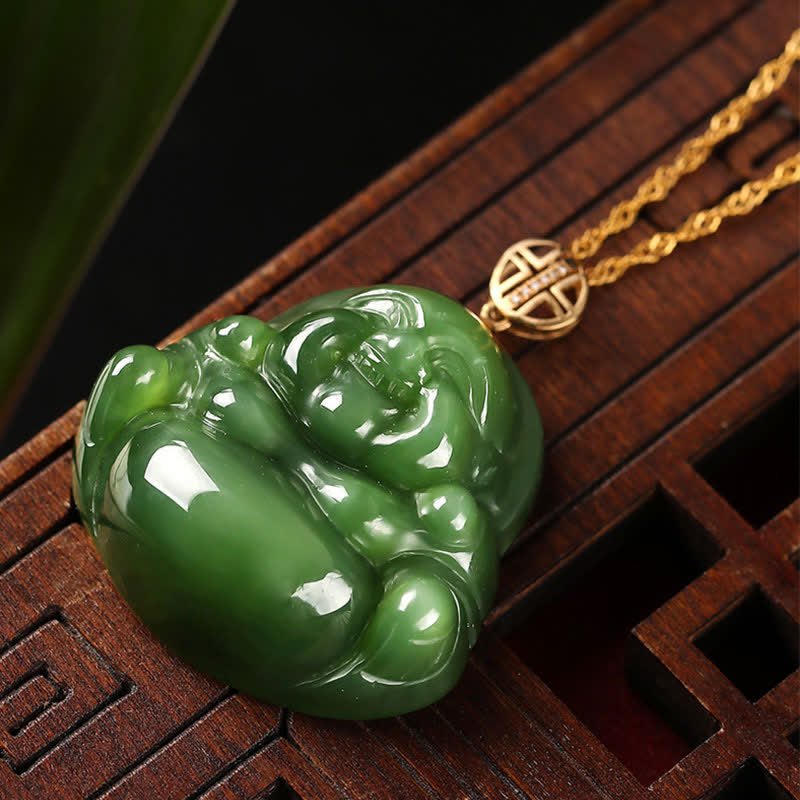 Laughing Buddha Cyan Jade Necklace – 925 sterling silver chain link detail, silver chain craftsmanship