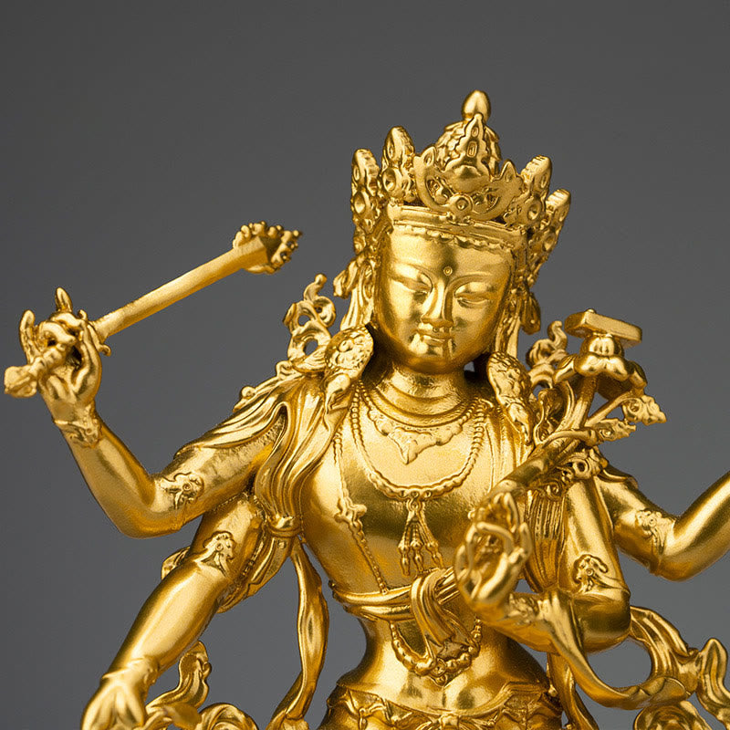 Four-Armed Manjusri Bodhisattva Gold Copper Statue Home Decor – tea cup size scale, tabletop home decor