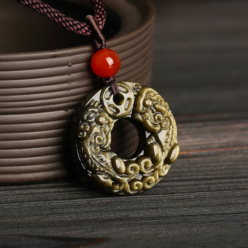 Peace Buckle PiXiu Necklace – Gold sheen obsidian pendant by brown ceramic cup with red agate bead, wealth jewelry