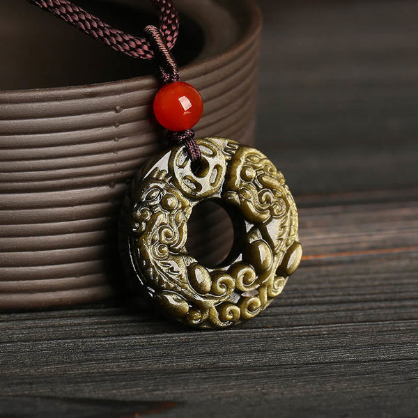 Peace Buckle PiXiu Necklace – Gold sheen obsidian pendant by brown ceramic cup with red agate bead, wealth jewelry