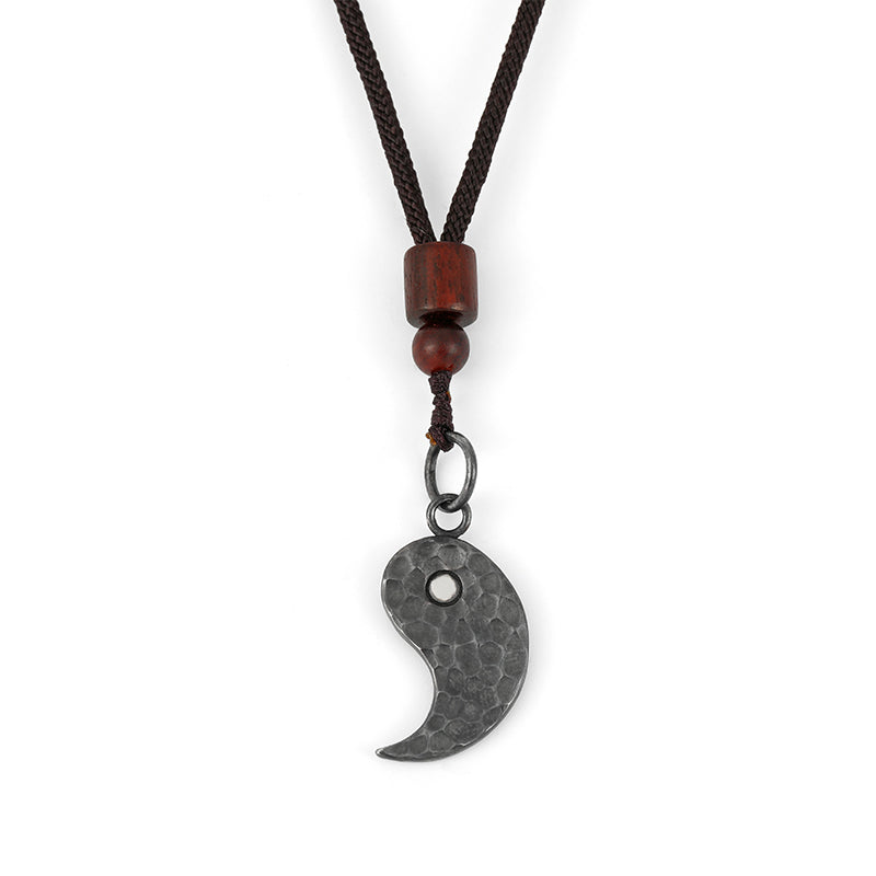 Sterling Silver Yin Yang Pendant - Hammered dark teardrop pendant on black cord with wood beads, men spiritual necklace