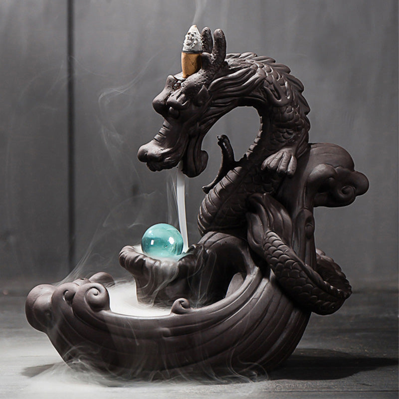 Dragon Incense Burner - Ceramic dragon with teal sphere and waterfall smoke, Meditation