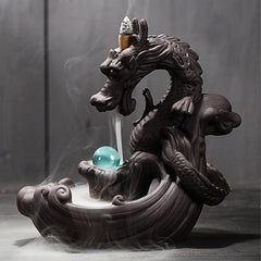 Dragon Incense Burner - Ceramic dragon with teal sphere and waterfall smoke, Meditation