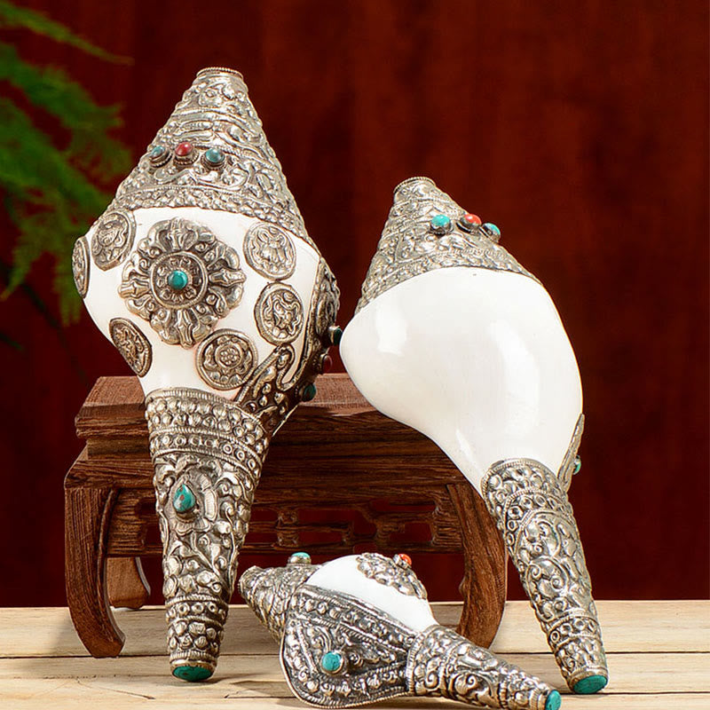 Tibetan Shankha Conch Shell Decoration – Three graduated conch shells on wood, turquoise coral ornate silverwork, Artisan