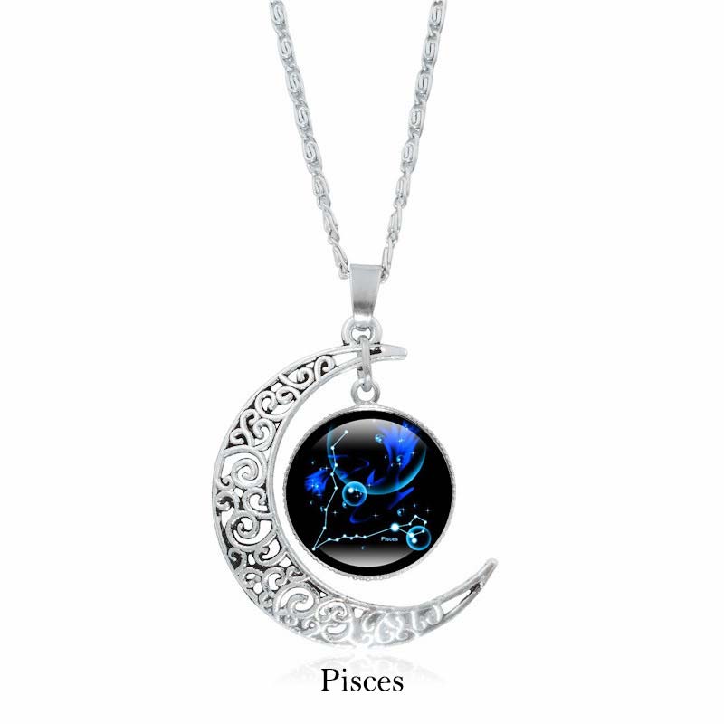 Zodiac Moon Protection Copper Necklace - Silver crescent moon with Pisces zodiac constellation cabochon in blue nebula tones on dark starry background
