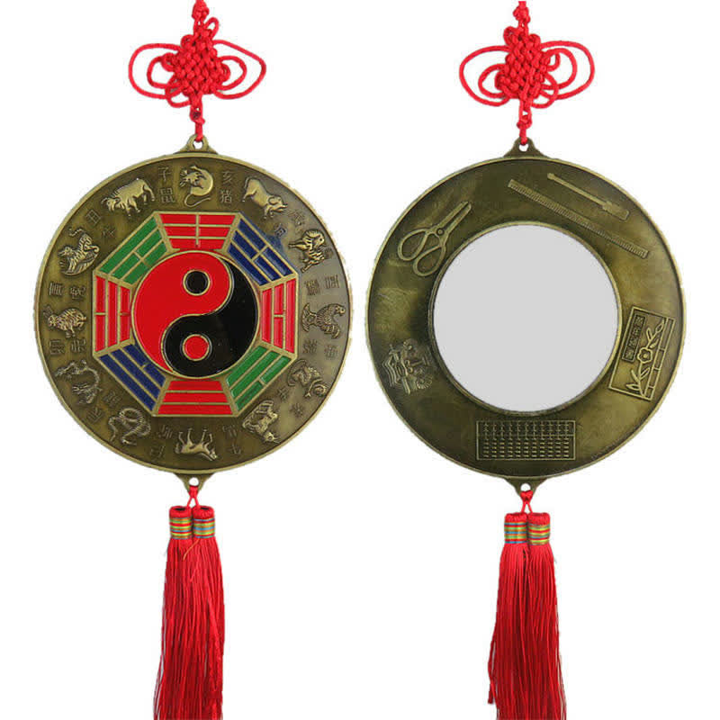 Feng Shui Bagua Map Mirror - Bagua mirror with yin-yang symbol, zodiac signs, red knot tassel and scholar tools on reverse, .