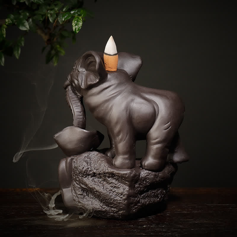Elephant Incense Burner Rear View – Back angle showing gold-decorated saddle and ankle bands with smoke trail, aromatherapy