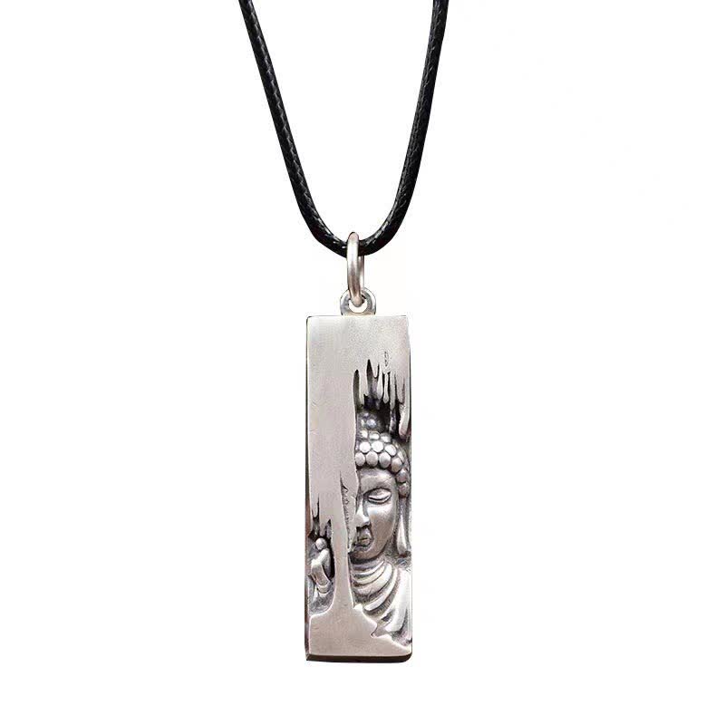 Tathagata Buddha Copper Amulet Necklace – silver pendant half Buddha face on black leather cord, front-view, spiritual