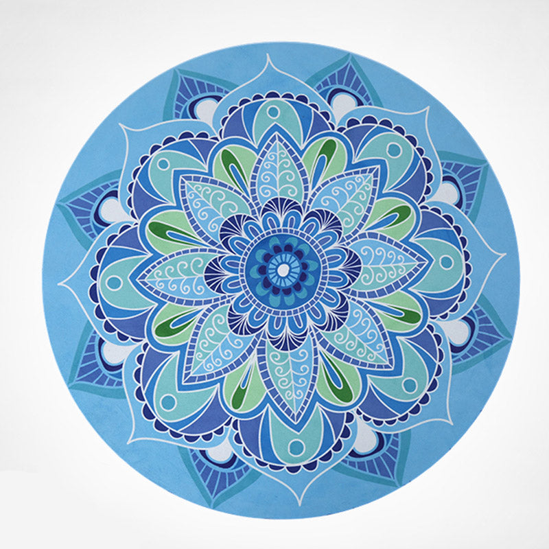 Lotus Mandala Yoga Mat – Overhead blue and green mandala mat with white filigree, concentric floral layers, yoga