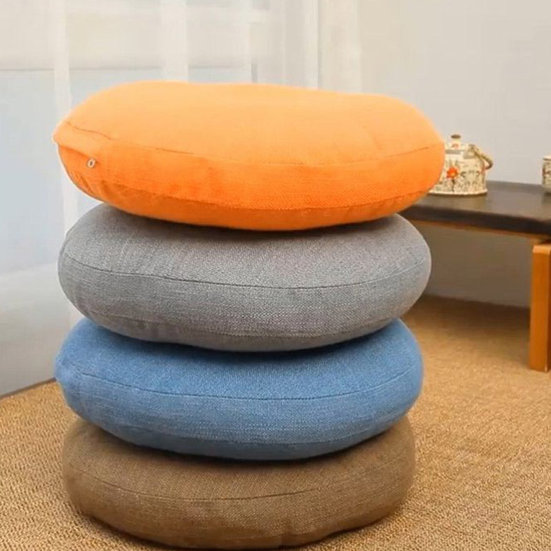 Lotus Linen Meditation Cushion – Stacked four-color tower by sheer curtains